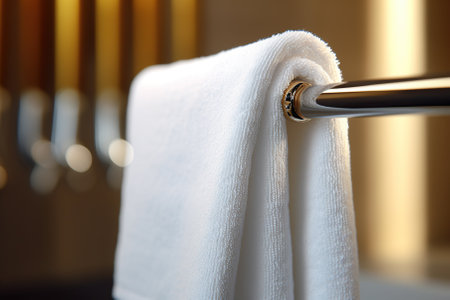 A closeup of a pristine white towel hanging on a polished metal rod Generative AIの素材