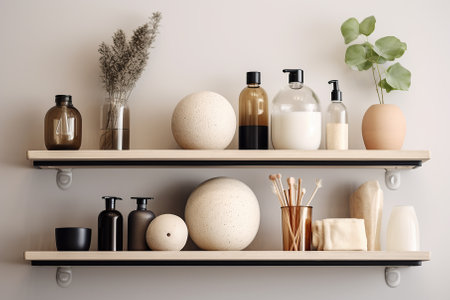 A detailed shot of a minimalist bathroom shelf, adorned with carefully curated essentials and decorative elements Generative AIの素材