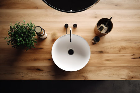 down view of a stylish wooden vanity counter top with a minimalist basin sin Generative AIの素材