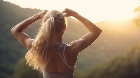 Back view of strong motivated woman celebrating workout goals towards the sun. Morning healthy training successの素材