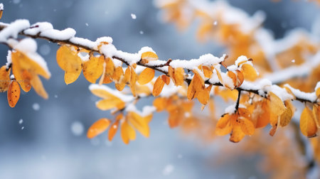 Beautiful branch with orange and yellow leaves in late fall or early winter under the snowの素材