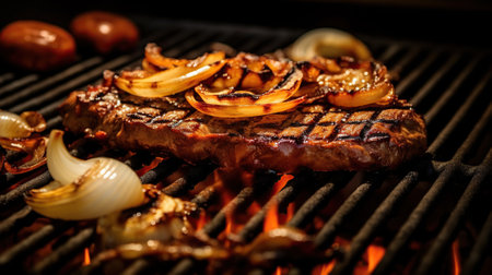 Close - up Shot, grilling, Grilled Smash pizza with cheese, caramellised onions and mushromsの素材