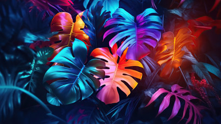 Creative fluorescent color layout made of tropical leavesの素材