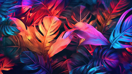 Creative fluorescent color layout made of tropical leavesの素材