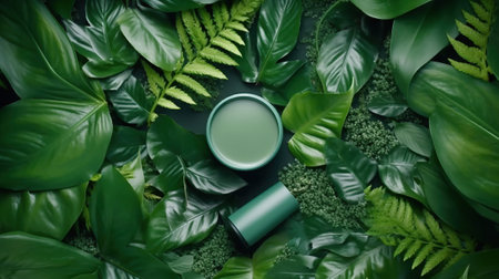 Cosmetic product presentation promo with green leaves flowersの素材
