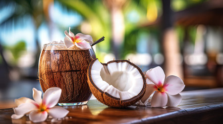 coconut cocktail decorated plumeria on wood tableの素材