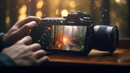 Photographer taking picture of a forest at night. Collage.の素材