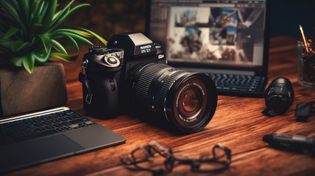 Photographer workplace with camera, laptop and other equipment on wooden tableの素材