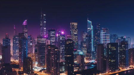 Generate a cityscape image capturing a city skyline at nightの素材