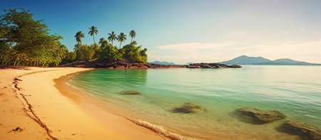 Sandy tropical beach with island on backgroundの素材