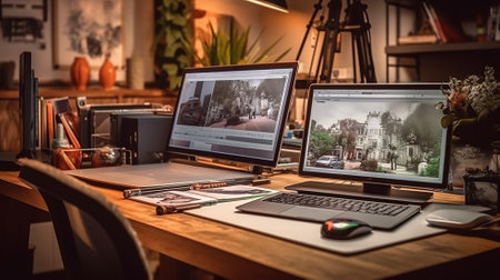 Remote working from home. Workplace in home office with PC, devices and gadgets Generative AIの素材