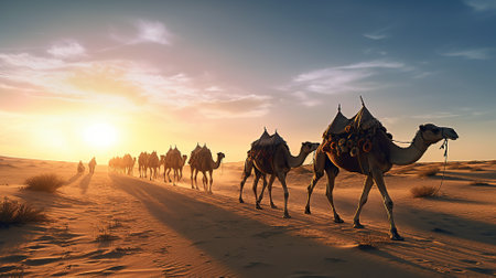 Camel caravan in the desert at sunrise Generative AIの素材
