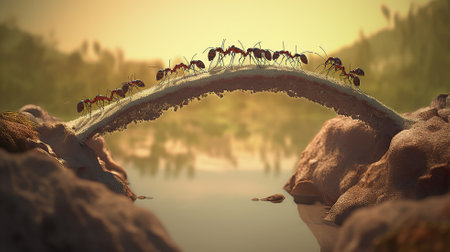 Team of ants work constructing bridge, teamwork Generative AIの素材