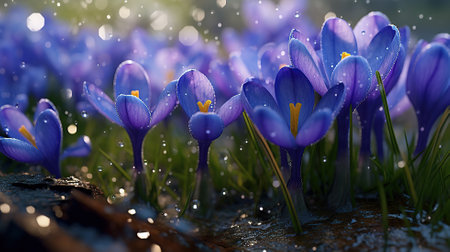 Spring flowers of blue crocuses in drops of water on the background of tracks of rain drops Generative AIの素材