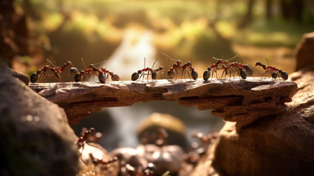 Team of ants work constructing bridge, teamwork Generative AIの素材