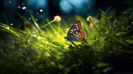 Butterfly in the grass meadow at night Generative AIの素材