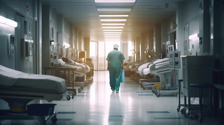 Doctors Hospital Corridor Nurse Pushing Gurney Stretcher Bed Generative AIの素材