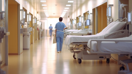 Doctors Hospital Corridor Nurse Pushing Gurney Stretcher Bed Generative AIの素材