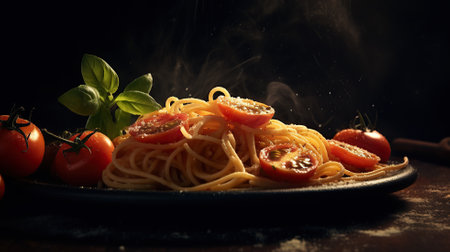 Dark plate with italian spaghetti on dark Generative AIの素材