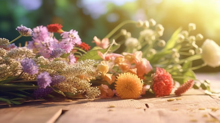 Garden flowers on wooden table background Generative AIの素材