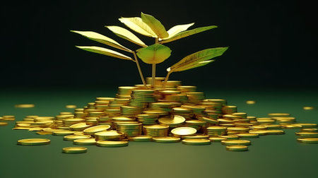 Futuristic 3D representation of a plant growing from a pile of golden coins Generative AIの素材