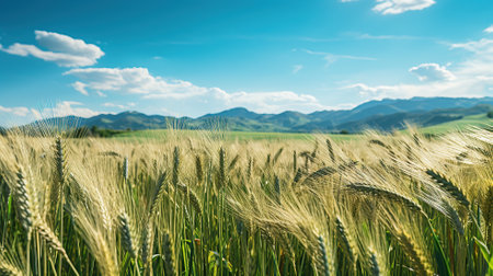 Natural landscape with green grass field of Golden ripe wheat Generative AIの素材