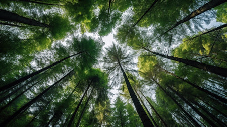 Looking up at the green tops of trees Generative AIの素材