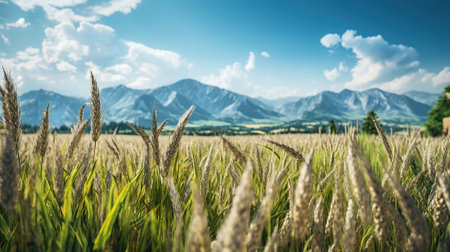 Natural landscape with green grass field of Golden ripe wheat Generative AIの素材