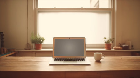 Laptop with blank screen on table Generative AIの素材