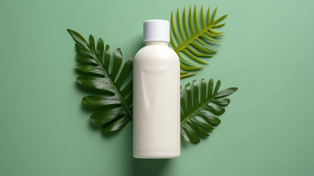 Blank white lotion product with summer leaf at color background for mockup Generative AIの素材