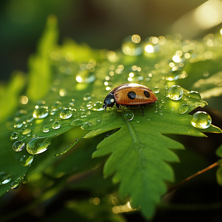 Drops of morning dew and ladybug on young juicy fresh green leaves glow in sunlight in nature closeの素材