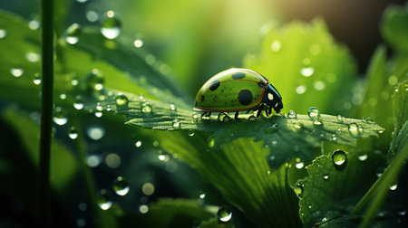 Drops of morning dew and ladybug on young juicy fresh green leaves glow in sunlight in nature closeの素材