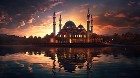 A painting of a mosque with a crescent moon, water reflectionの素材