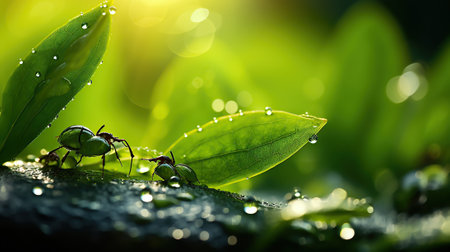Drops of morning dew and ladybug on young juicy fresh green leaves glow in sunlight in nature closeの素材