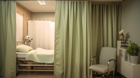 Wheeled bed behind privacy curtains in a medical clinic Generative AIの素材