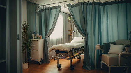 Wheeled bed behind privacy curtains in a medical clinic Generative AIの素材