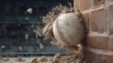 Baseball ball breaking through a hole in a piece of wood.の素材
