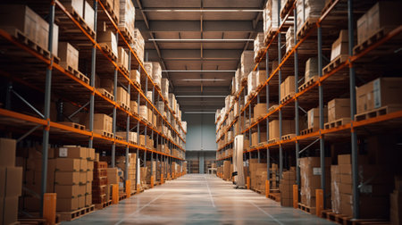 Warehouse interior with rows of shelves and boxes.の素材