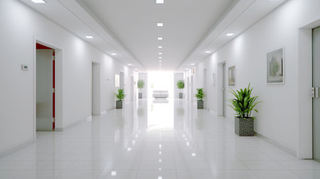 Interior of a hospital corridor with white walls and white floor.の素材