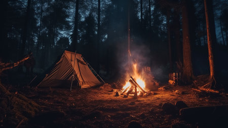 Camping in the forest at night with a bonfire and a tentの素材