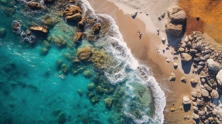 Aerial view of the sandy beach and turquoise sea. Drone photography.の素材