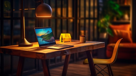 Working place with laptop and computer on a wooden tableの素材