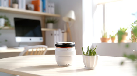 White ceramic vase on a white table in a modern office.の素材
