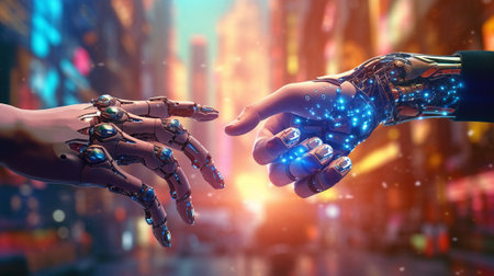 Close up view of human hand touching robot arm with glowing light trailsの素材