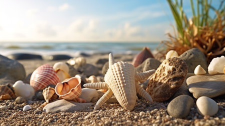 Seashells on the beach. Sea shells with sand as backgroundの素材