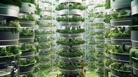 Green hydroponic plants growing in a modern glasshouseの素材