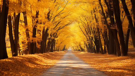 Road in autumn forest at sunsetの素材