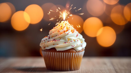 Birthday cupcake with candle on wooden table and bokeh backgroundの素材