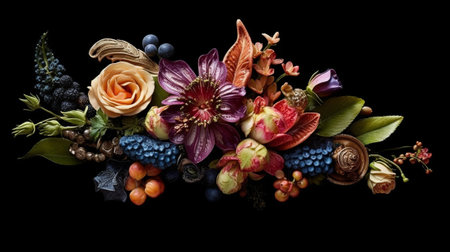 beautiful bouquet of different flowers on a black background close upの素材