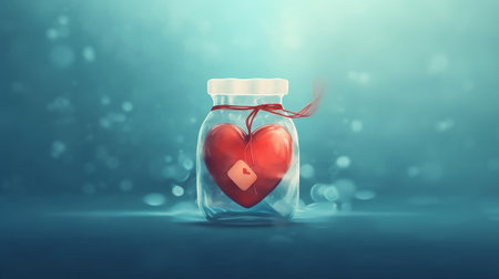 Human hands holding a red heart on blue backgroundの素材